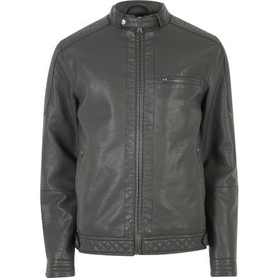 Grey racer neck faux leather jacket